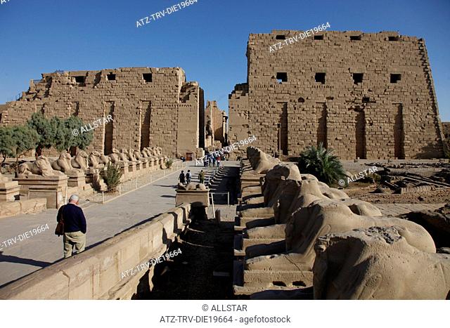 ROW OF SPHINXES & TEMPLE OF AMUN ENTRANCE; KARNAK, LUXOR, EGYPT; 08/01/2013