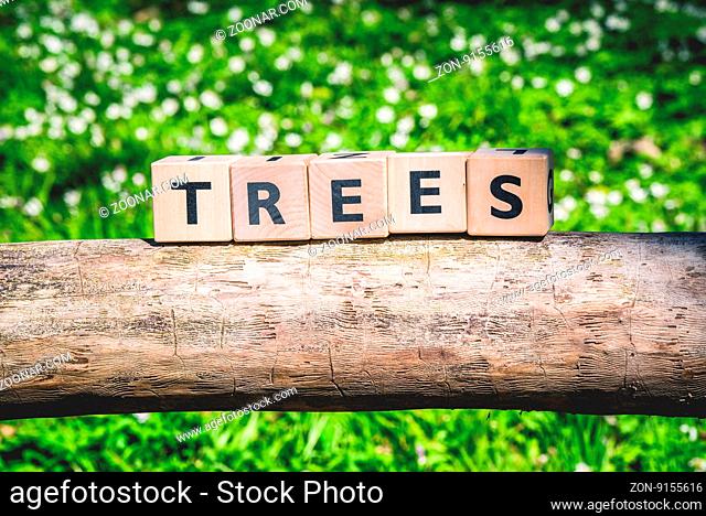 Tree log with a wooden sign in a green forest