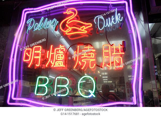 New York, New York City, NYC, Lower, Manhattan, Chinatown, Canal Street, neon light, sign, Chinese characters, BBQ, Peking duck, red, purple, green, night