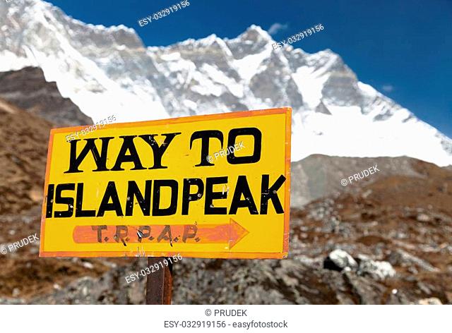 signpost way to Island peak (Imja Tse) under Lhotse peak, way to Island peak b.c. - Everest area, Khumbu valley, Sagarmatha national park, Nepal
