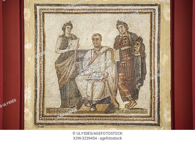 Mosaic with the poet Virgil and the muses Calliope and Polymnia, Bardo National Museum, Tunis, Tunisia, Africa