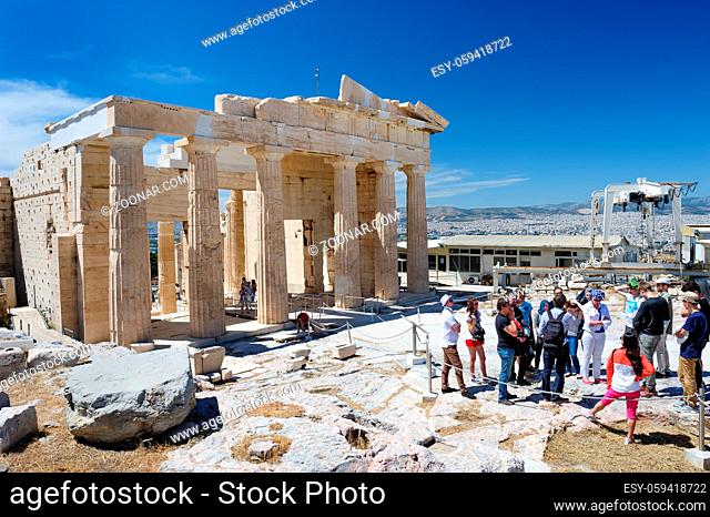 Athens, Greece - April 17th, 2016: People at Parthenon temple entrance on the Acropolis in Athens, Greece