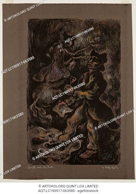 Erik Guil, American, Death and the Poet, ca. 1938, lithograph printed in color ink on wove paper, Image: 17 3/4 × 11 1/2 inches (45.1 × 29.2 cm)