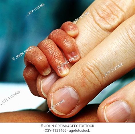 Newborn infant hand clutching mothers fingers