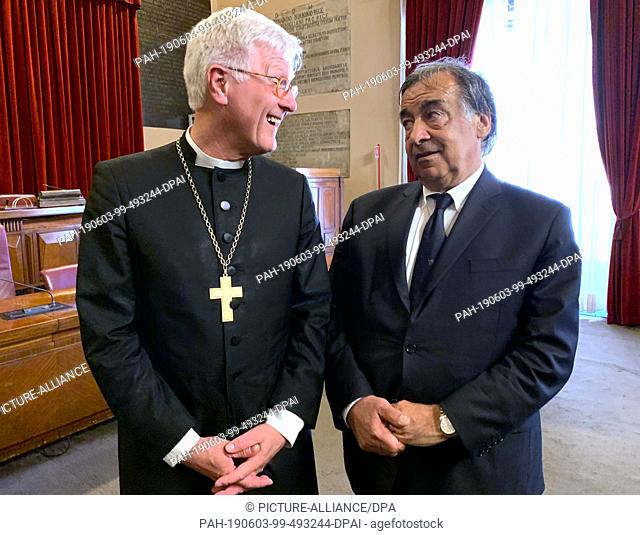 03 June 2019, Italy, Palermo: Heinrich Bedford-Strohm (l), President of the Council of the Protestant Church (EKD), and Leoluca Orlando, Mayor of Palermo