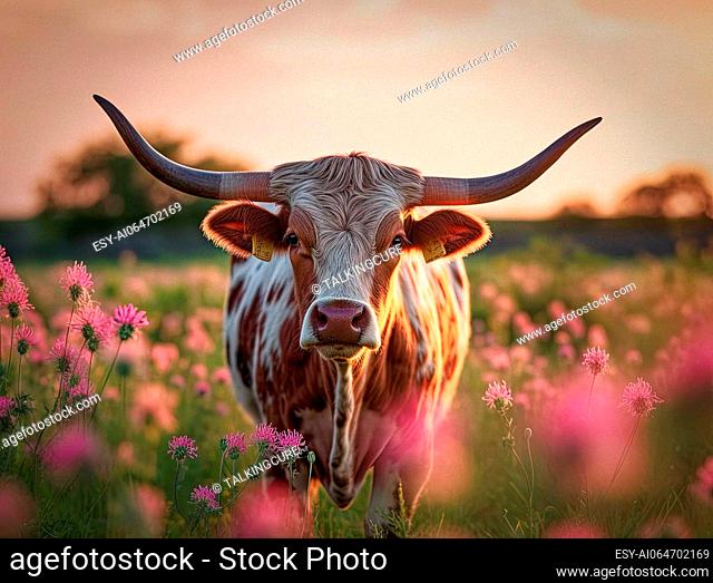 Capture the beauty of nature with this stunning photo of a longhorn cow surrounded by violet flowers in a lush meadow. generative ai