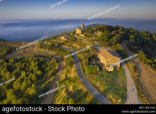 Sunrise in Castelladral with some morning fogs. Aerial views (NavÃ s, Catalonia, Spain)