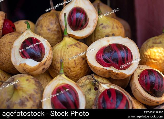 Georgetown, Penang/Malaysia - Feb 29 2020: Fresh raw nutmeg