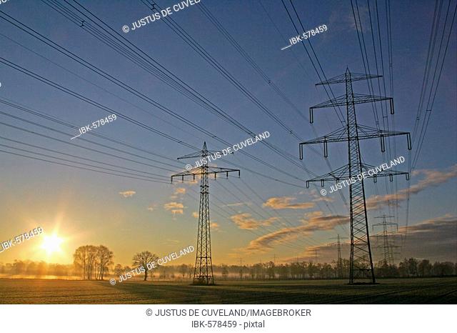 Power poles - high voltage electrical power lines - sunrise at winter morning - Schleswig-Holstein, Germany, Europe