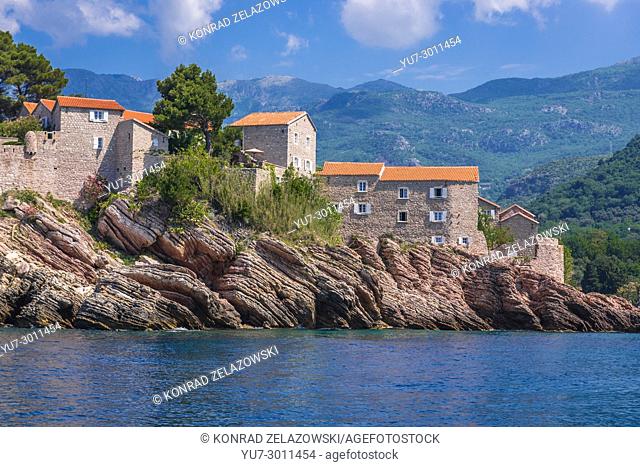 Close up on Sveti Stefan islet and five star Aman Sveti Stefan hotel resort on the Adriatic coast of Montenegro