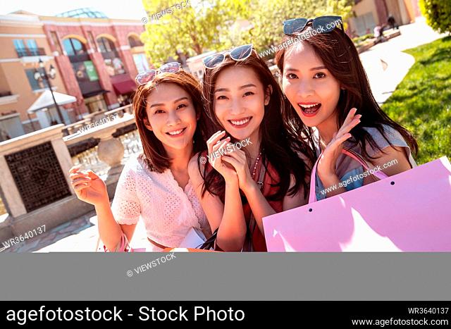 Happy girlfriends go shopping shopping