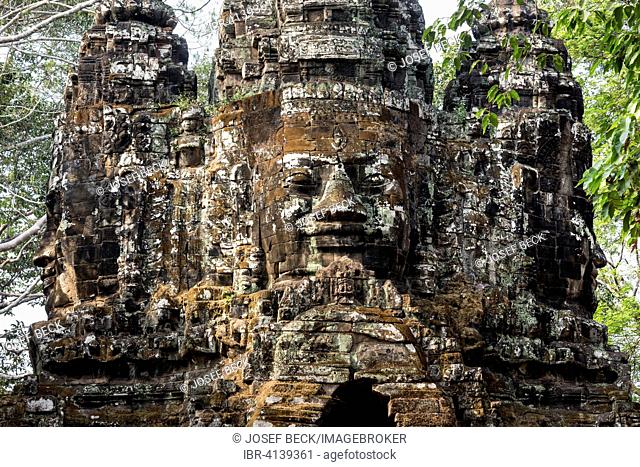 North Gate of Angkor Thom, Avalokiteshvara face tower, detail, Angkor Thom, Siem Reap, Cambodia