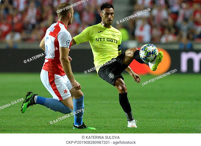 From left VLADIMIR COUFAL of Slavia and MARIO CAMORA of CFR in action during the Football Champions' League 4th qualifying round return match: Slavia Prague vs...