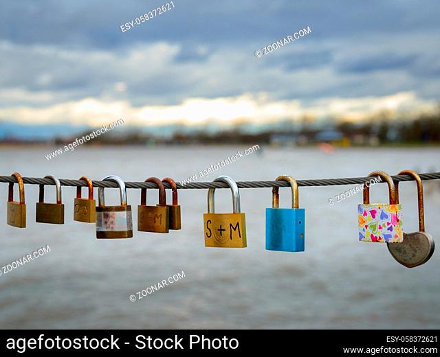 romance locks padlocks on a wire on lake Neusiedlersee