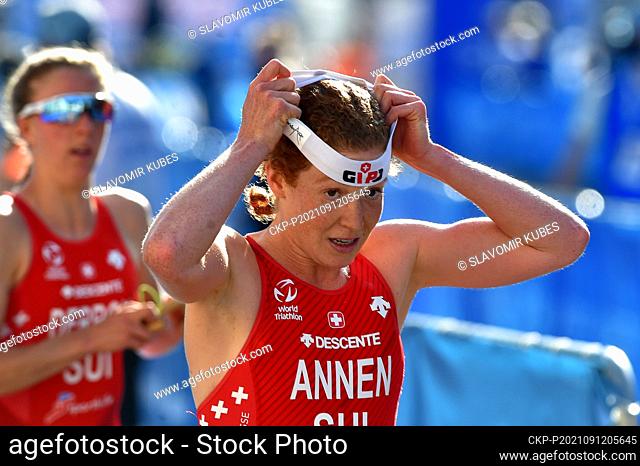 Triathlete Jolanda Annen of Switzerland in action during the Triathlon World Cup race in Karlovy Vary, Czech Republic, September 12, 2021