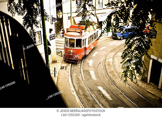 Red tram in Lisbon, Portugal