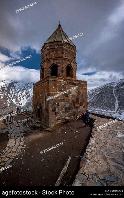 road trip through georgia in springtime gergeti church on top of kazbegi mountain