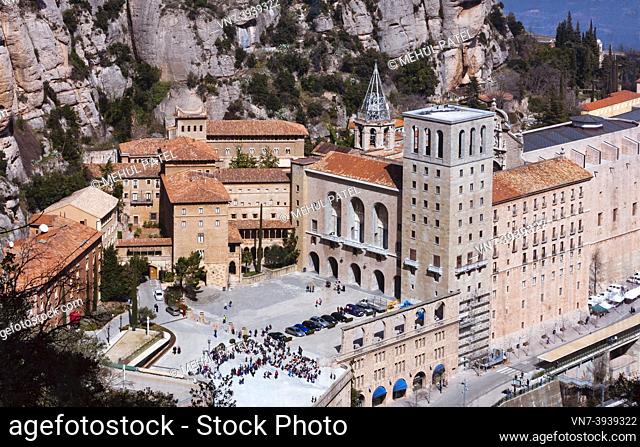 High shot overlooking Santa Maria Square and the Santa Maria de Montserrat Abbey, Montserrat. Catalonia, Spain. Montserrat is just over an hour from Barcelona...