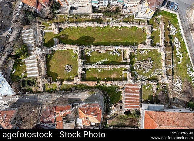 The Early Christian Basilica of Odessos. Top aerial view of The Old Roman Baths ruins in Varna, Bulgaria