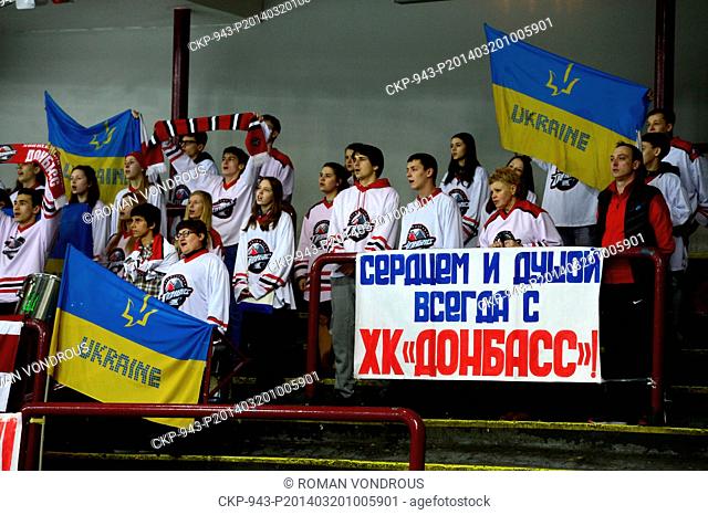 Fans of Doneck are pictured during the KHL match Lev Prague vs. Donbass Doneck played in Prague, Czech Republic, on March 20, 2014