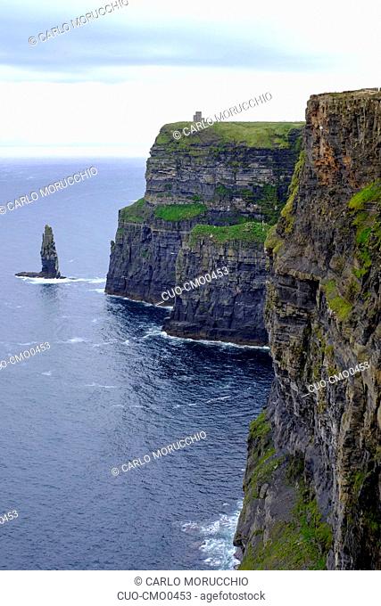 The Cliffs of Moher and Branaunmore sea stack, Burren region in County Clare, Ireland, Europe