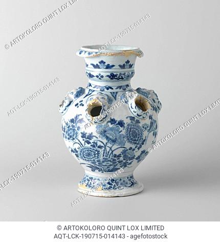 flower holder, Flower holder of blue painted faience. The vase consists of two vases on top of each other, the bottom of which is large and canopic and the top...