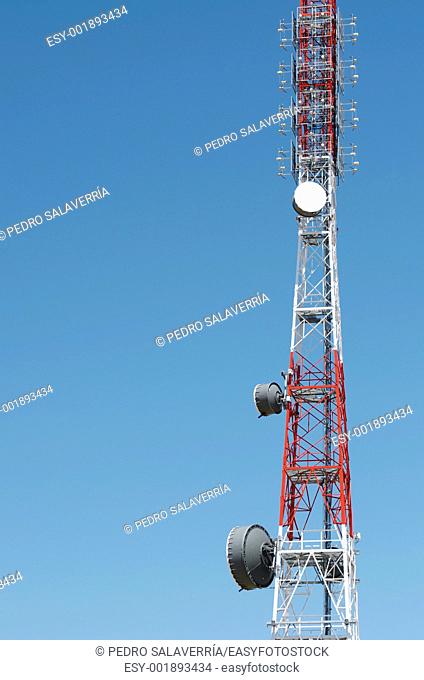 bottom view of a telecommunications tower with a clear blue sky, La Muela, Saragosa, Aragon, Spain