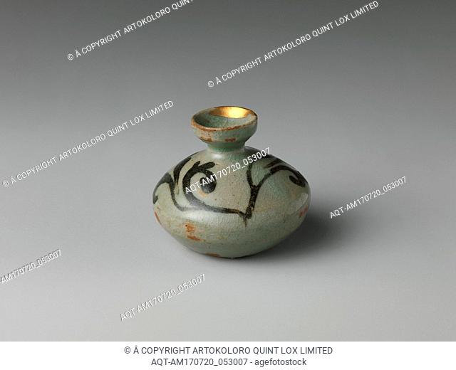 Oil Bottle, Goryeo dynasty (918â€“1392), 12th century, Korea, Stoneware with iron-brown decoration of leaves under celadon glaze, H. 2 1/4 in. (5