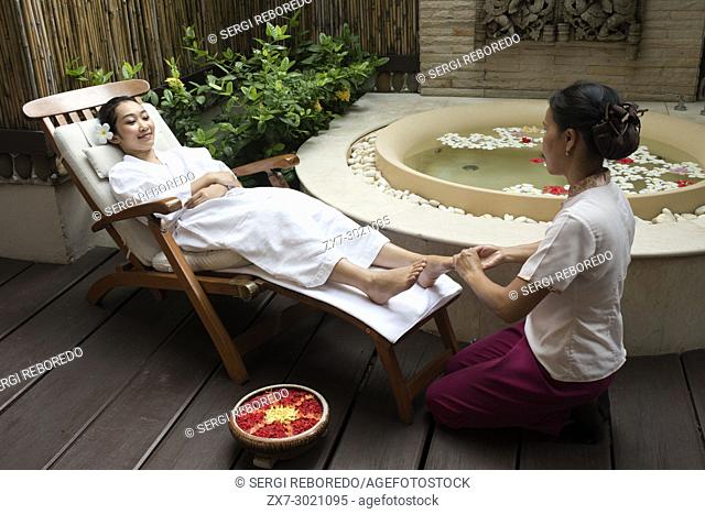 Foot massage in a spa of hotel Pimalai Resort, Kantiang Beach, Ko Lanta or Koh Lanta island, Krabi, Thailand, Asia. Pimalai Resort & Spa is a luxury beach...
