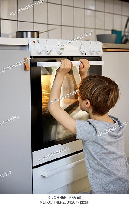 Boy looking into oven