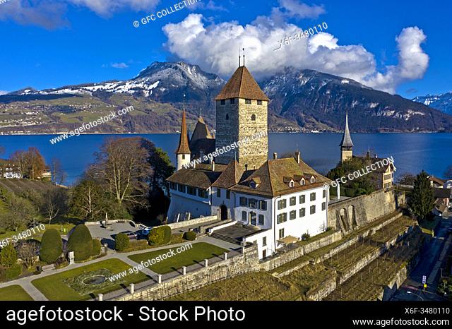 Spiez Castle located on a peninsula at Lake Thun, Thunersee, Spiez, canton of Bern, Switzerland