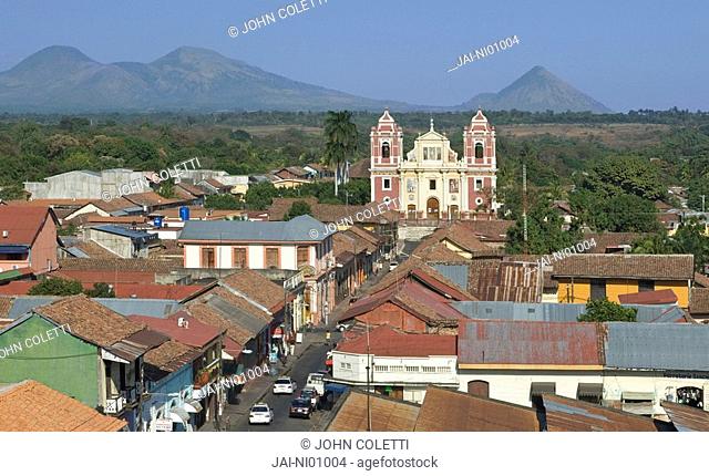 El Calvario Church, Leon Telica and Cerro Negro volcanoes in the background, Nicaragua