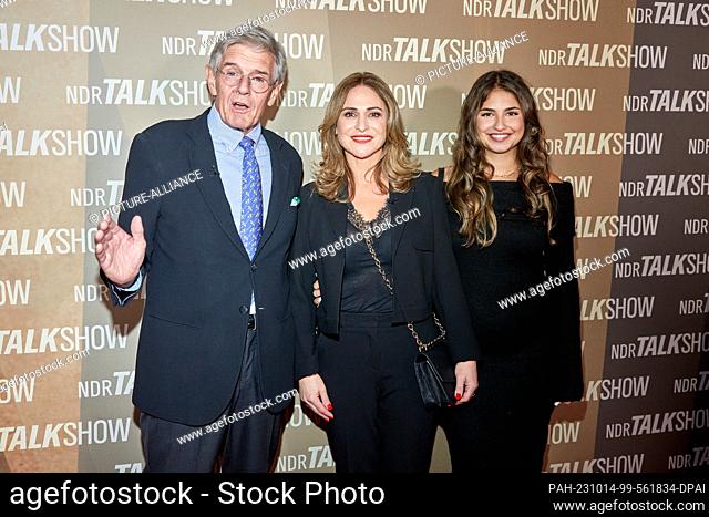 13 October 2023, Hamburg: Martin Buchholz (l-r), doctor, and Arzu Demir and her daughter Sirin Demir arrive for the 1000th broadcast of the ""NDR Talk Show""