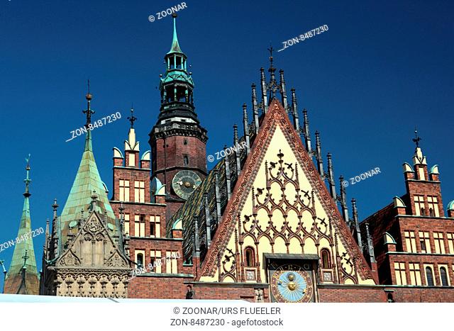 the Town Hall at the Stray Rynek square in the old town of Wroclaw in Poland in east Europe