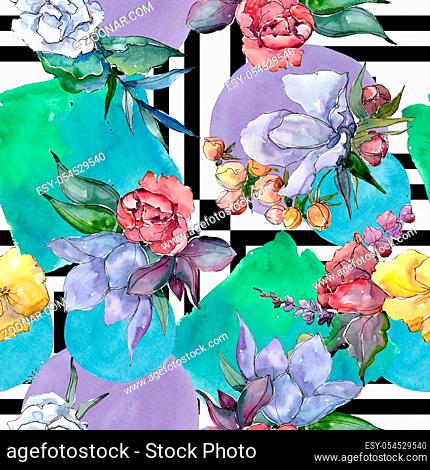 Tropical colorful bouquet. Floral botanical flower. Seamless background pattern. Fabric wallpaper print texture. Aquarelle wildflower for background, texture