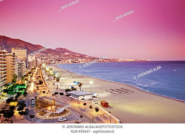 Beach front and promenade in the evening, Fuengirola. Málaga province, Costa del Sol. Andalusia, Spain