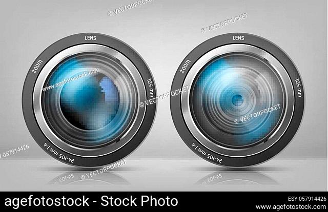 Vector realistic clipart with two camera lenses, photo objectives with zoom isolated on white background. Optical system for photographic devices