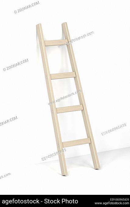 Wooden ladder leaning against the white wall