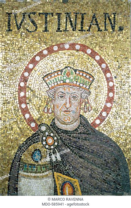 Head of Justinian the Old, by Unknown, 6th Century, polychrome mosaic. Italy, Emilia Romagna, Ravenna, Sant'Apollinare Nuovo Basilica. All