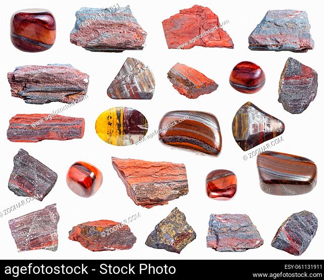 collection of various Jaspillite (Jaspilite) natural mineral gem stones and samples of rock isolated on white background