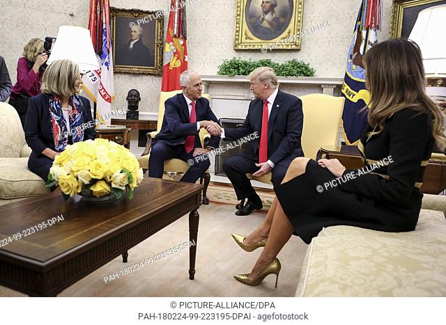 United States President Donald Trump, center right, and first lady Melania Trump, right, greet Prime Minister Malcolm Turnbull and his wife Lucy Turnbull of...