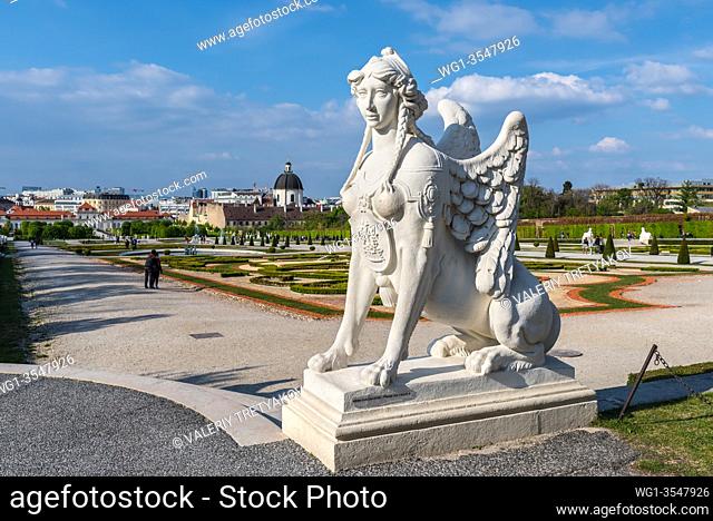 Vienna, Austria - April 17, 2019: Sculpture at garden of the Belvedere palace in Vienna, Austria