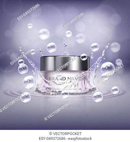 Vector promotion banner with realistic glass jar of cosmetic product, bottle of hand cream or facial mask on background with water splash and drops