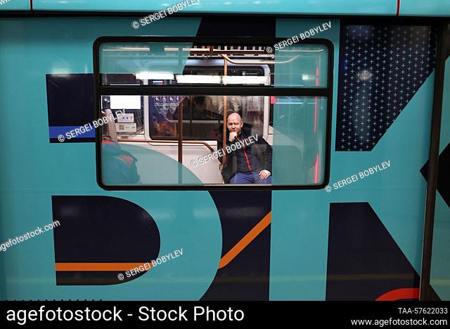 RUSSIA, MOSCOW - MARCH 1, 2023: A train is seen on the newly-opened Sokolniki Station on Line 11 (Big Circle Line) of the Moscow Underground