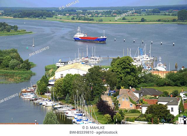 view from the steeple of St. Peter's Church to cargo ship on Peenestrom, Germany, Mecklenburg-Western Pomerania, Wolgast