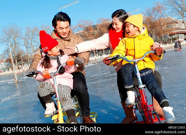 The happiness of a family of four playing skating rink