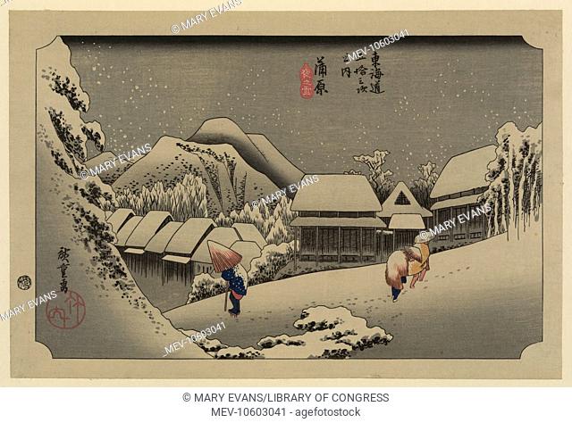 Kanbara. Print shows people walking during an evening snowfall at the Kanbara station on the Tokaido Road. Date between 1833 and 1836, printed later