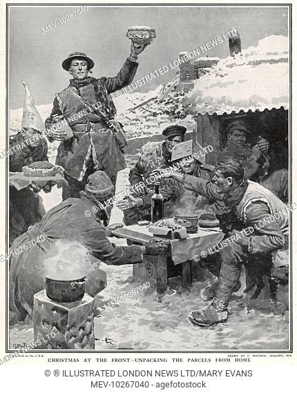 A group of British soldiers share the contents of a hamper which has been delivered to them at the Front. A Christmas pudding is held aloft and the scene is of...