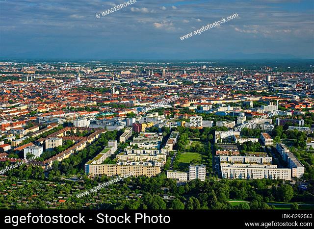 Aerial view of Munich center from Olympiaturm (Olympic Tower) . Munich, Bavaria, Germany, Europe