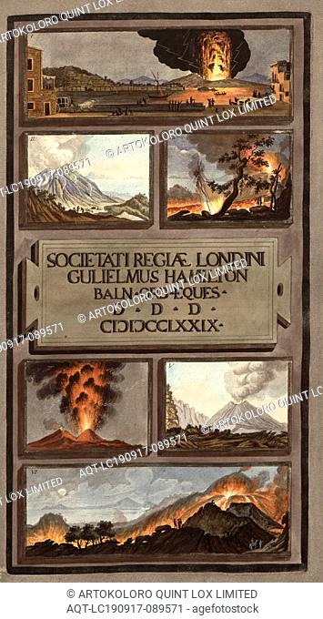 Eruption des Vesuv (2), Compilation of 6 illustrations of eruptions and eruptions from Mount Vesuvius, copperplate engraving, hand-colored, plate 1 (Suppl